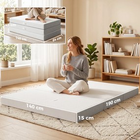 Colchão dobrável em 3 partes, 140 x 190 x 15 cm, colchão auxiliar de espuma com memória de forma e gel, branco