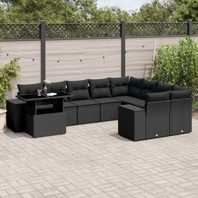 10 pcs conjunto sofás de jardim c/ almofadões vime PE preto