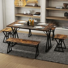Conjunto de sala de jantar de 5 peças para 4-6 pessoas Mesa de cozinha retangular industrial com 2 bancos e 2 bancos altos castanho