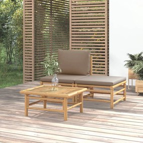 vidaXL 3 pcs conj. lounge jardim bambu almofadões cinzento-acastanhado