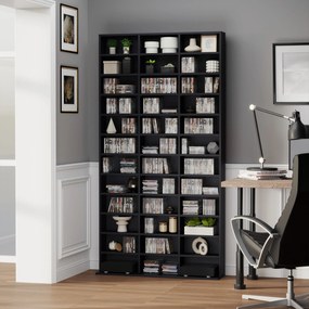 Estante de arrumação, capacidade máxima de 1116 CDs/528 DVDs, 36 compartimentos e prateleiras ajustáveis 102 x 23,5 x 195 cm, preto