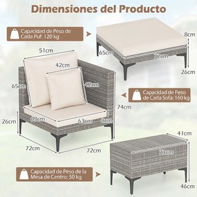 Conjunto jardim de rattan para exterior de 5 peças com mesa auxiliar, 2 sofás, 2 apoios para os pés, almofadas e travesseiros macios, modular, para pá