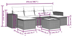 7 pcs conjunto de sofás jardim c/ almofadões vime PE castanho