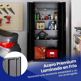 Armário metálico com 2 portas 80 x 40 x 180 cm com fechadura para ferramentas de garagem ou escritório com 4 prateleiras ajustáveis preto