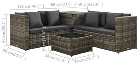 4 pcs conjunto lounge de jardim c/ almofadões vime PE cinzento