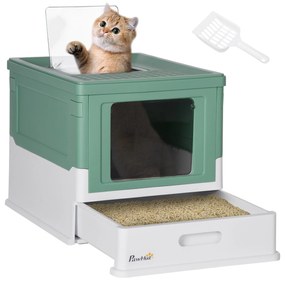 PawHut Caixa de Areia para Gatos Dobrável Caixa de Areia para Gatos Fechada com Bandeja Removível e Pá 47,5x35,5x36,7cm Verde