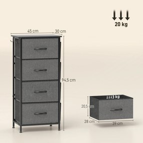 Cómoda com 4 gavetas em tecido 45 L x 30 P x 94,5 A cm, móvel de arrumação com 4 bolsos, 2 ganchos, estrutura em aço, cinzento