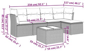 6 pcs conjunto de sofás jardim c/ almofadões vime PE castanho