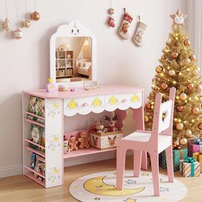 Conjunto de Toucador Infantil com Banco, 80 x 40 x 110 cm, Design 2 em 1, Cor-de-rosa