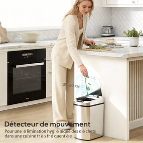 Caixote do lixo de cozinha automático de 12 L em aço inoxidável, com sensor e tampa, 28 x 22 x 41 cm, prateado