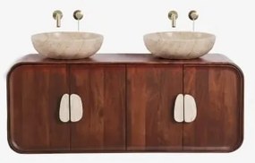 Conjunto De Móvel De Casa De Banho Dupla Suspensa 130x45 Cm Em Madeira De Manga E Pedra Natural Kivalina Sem Espelho & 2 X Dorado Escovado Embutido Co