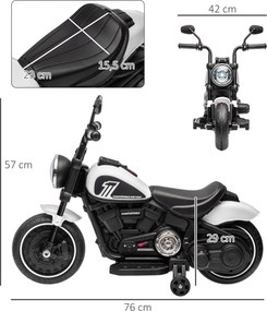 Motocicleta Elétrica para Crianças de 18-36 Meses com Bateria 6V Farol e Rodas Auxiliares Removíveis 76x42x57 cm Branca