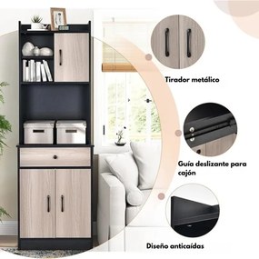 Armário de cozinha alto 60 x 40 x 180 cm, com 2 portas e gaveta, prateleiras ajustáveis e orifício para cabos, espaço para micro-ondas, Preto e castan