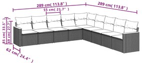 9 pcs conj. sofás jardim c/ almofadões vime PE bege misturado