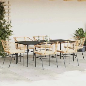 Conjunto jantar jardim 7 peças almofadas vidro vime PE castanho