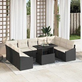 vidaXL Conjunto de Sofá de Jardim com Almofadas em Rattan Preto - 10 Peças