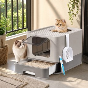Caixa de areia gatos com gaveta, caixa de areia em aço inoxidável 54,3 x 42,5 x 37,8 cm, 2 entradas Cinzento
