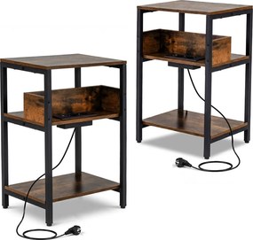 Conjunto de 2 mesas apoio, mesas cabeçeira 40 x 30 x 61 cm com estação de carregamento USB e tomadas cor café