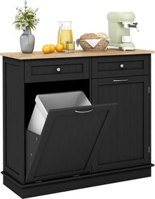 Armário de cozinha 100 x 35 x 90,5 cm com caixote lixo rebatível de 42 L 2 gavetas Estante ajustável para sala de jantar Preto