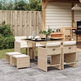 vidaXL 9 pcs conjunto de jantar p/ jardim com almofadões vime PE bege