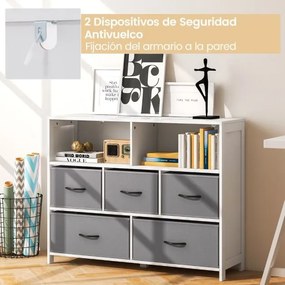 Cômoda com 5 gavetas 100 x 30 x 78 cm, 2 caixas grandes de tecido, 3 caixas médias e gavetas dobráveis de tecido Branco