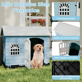 Casota de plástico para cães com 3 janelas e porta com fechadura, telhado inclinado, para interior e exterior, 75 x 58 x 65 cm, Azul Claro