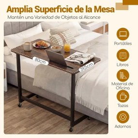 Mesa lateral apoio 80 x 40 x 75 cm com rodas em forma de C para sofá, quarto e sala, castanho rústico e preto