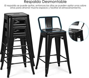 Conjunto de 4 bancos de bar em metal 43 x 43 x 79 cm com encosto removível para cafetaria, cozinha, sala de jantar e exterior  Preto