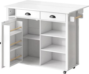 HOMCOM Ilha de Cozinha com Bancada Dobrável Rodas Armário 2 Gavetas e Prateleiras Abertas 117,5x70x91 cm Branco | Aosom Portugal