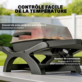 Grelhador elétrico de exterior de 2300 W, churrasqueira de mesa portátil com grelhas esmaltadas e prateleiras laterais, preta