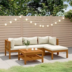 vidaXL 5 pcs conjunto lounge jardim c/ almofadões creme acácia maciça