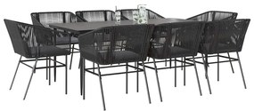 Conjunto de jantar jardim 9 peças almofadas vidro vime PE preto