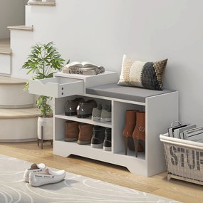 Móvel e banco sapateira com 1 gaveta e 3 compartimentos 76,5 x 30 x 52 cm, capacidade para 5 pares, em MDF branco e cinzento