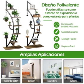 Conjunto de 2 Estantes Metálicas para Plantas 7 Níveis em Forma de Crescente Curvo com Gancho para Varanda 60x30x155 cm Natural