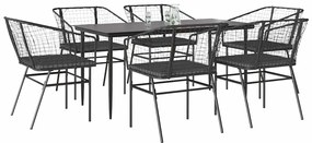 Conjunto de jantar jardim 7 peças almofadas vidro vime PE preto