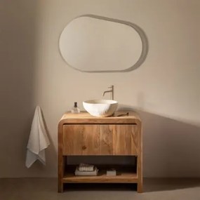 Conjunto De Móvel De Casa De Banho Em Madeira Vacry Castanho Acácia & Oval Led E Anti-embaciamento 100x80 Cm Riben & Dourado Escovado ↑30 Cm Com Válvu