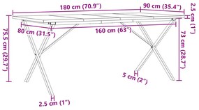 Mesa de jantar estrutura em X 180x90x75,5cm pinho/aço