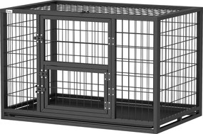 Gaiola robusta para cães 94 x 60 x 64 cm, casota interior com compartimentos abertos e porta para alimentação, em aço , preta