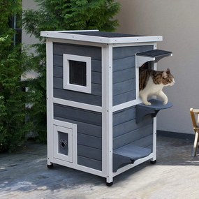 Casa para Gatos de Madeira Exterior Casa para Gatos de 2 Andares com Teto se Abre Janelas e 2 Plataformas 51x51x81,3cm Cinza