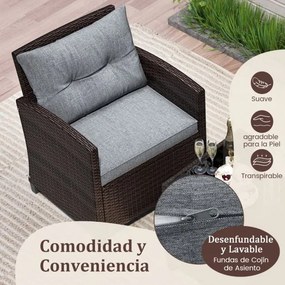 Conjunto Jardim de 3 peças em rattan com almofada lavável para jardim, piscina e varanda 67 x 67 x 76 cm Castanho e Cinzento