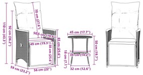 3 pcs conjunto bistrô com almofadões vime PE cinza