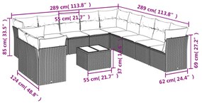 12 pcs conjunto de sofás jardim c/ almofadões vime PE cinzento