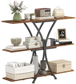 Mesa Consola de 3 Níveis Estilo Industrial com 2 Prateleiras Abertas e Estrutura Metálica em X Consola Estreita 110x30x91 cm Castanho Rústico