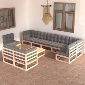 10 pcs conjunto lounge de jardim c/ almofadões pinho maciço