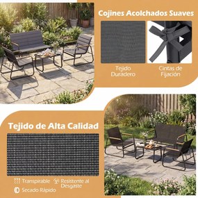 Conjunto de jardim de 4 peças, com almofadas, mesa de vidro temperado e cadeiras de jardim para alpendre, varanda ou jardim com almofadas Cinza