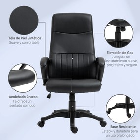 Vinsetto Cadeira de Escritório Ergonômica Cadeira de Escritório Basculante e Giratória 360° com Altura Ajustável Encosto Alto e Apoio para os Braços Pele Sintética 61,5x66x113-123cm Preto
