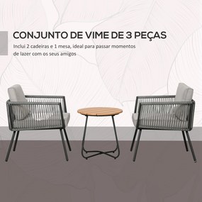 Conjunto de Móveis de Jardim de Vime 3 Peças Incluí 1 Mesa de Centro e 2 Poltronas com Almofadas Acolchoadas Cinzento