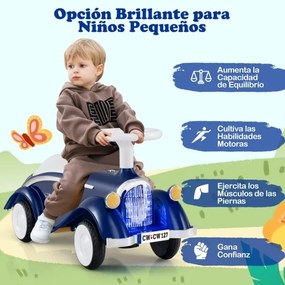 Andarilho carro clássico deslizante com volante, buzina, luz LED e espaço de armazenamento sob o assento para crianças de 19 a 36 meses, azul escuro