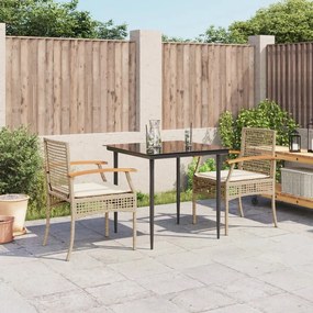 3 pcs conjunto de jantar p/ jardim com almofadões vime PE bege