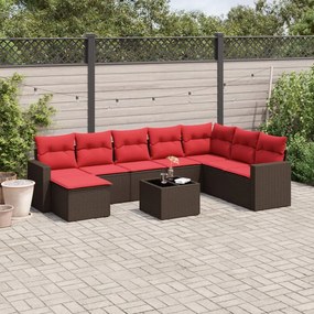 vidaXL 9 pcs conjunto sofás p/ jardim c/ almofadões vime PE castanho